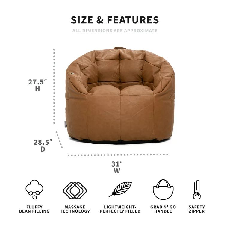 Big Joe Milano Bean Bag Chair with Vibe, Caramel Montana Leather | Walmart (US)