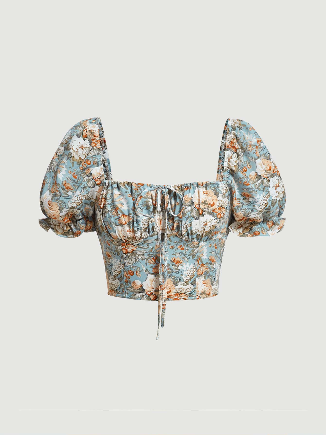New
     
      SHEIN MOD Floral Print Knot Front Ruched Bust Puff Sleeve Crop Blouse | SHEIN