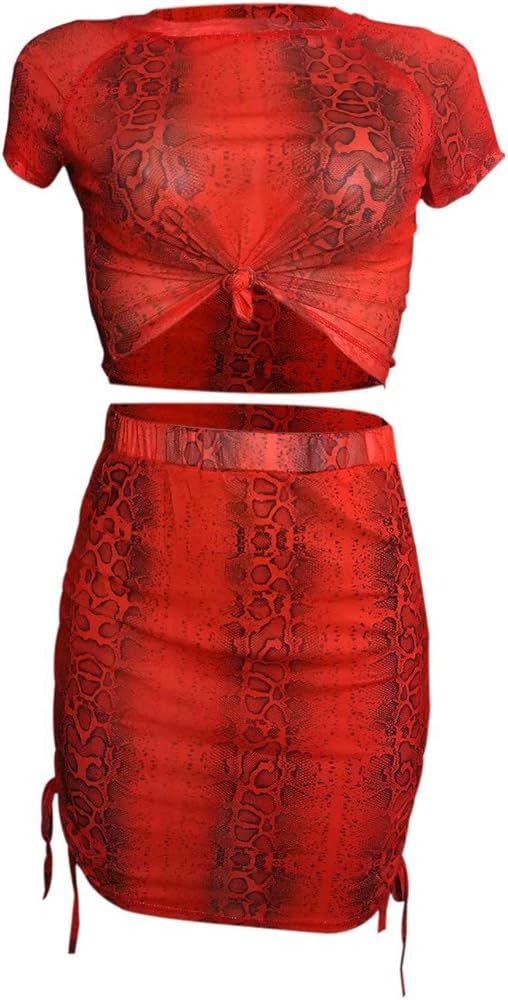 RAMOUG Women Snakeskin Mesh Cover Up Crop Top Lace Up Skirt Set 2 Piece Dress | Amazon (US)