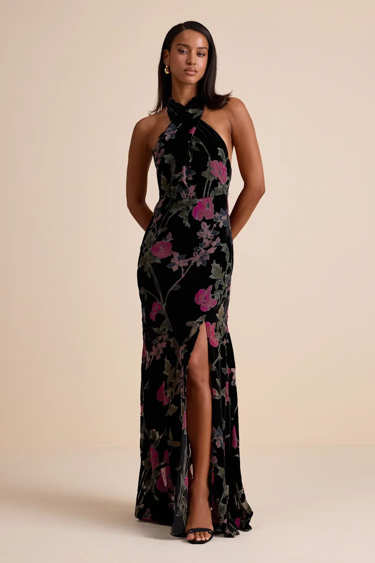 Flawlessly Gorgeous Black Burnout Floral Halter Maxi Dress | Lulus