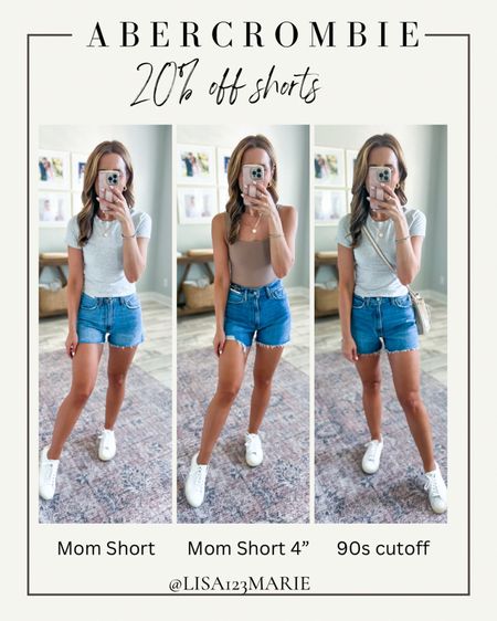 Summer outfits. Favorite denim shorts. Abercrombie curve love mom shorts. Abercrombie curve love 90s cutoff shorts. Abercrombie denim shorts. Favorite bodysuit. Essential baby t-shirt (XS). Favorite white sneakers (size down if you are a half size). I prefer curve love in the denim sheets but will link regular version at the bottom. Wearing 24 in each. 

#LTKtravel #LTKunder50 #LTKshoecrush