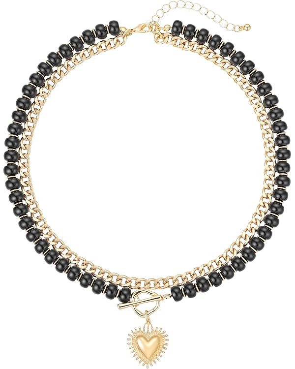 Layered Necklaces for Women, 14K Gold Plated Heart Pendant & Colorful Acrylic Beaded Choker, Cute... | Amazon (US)