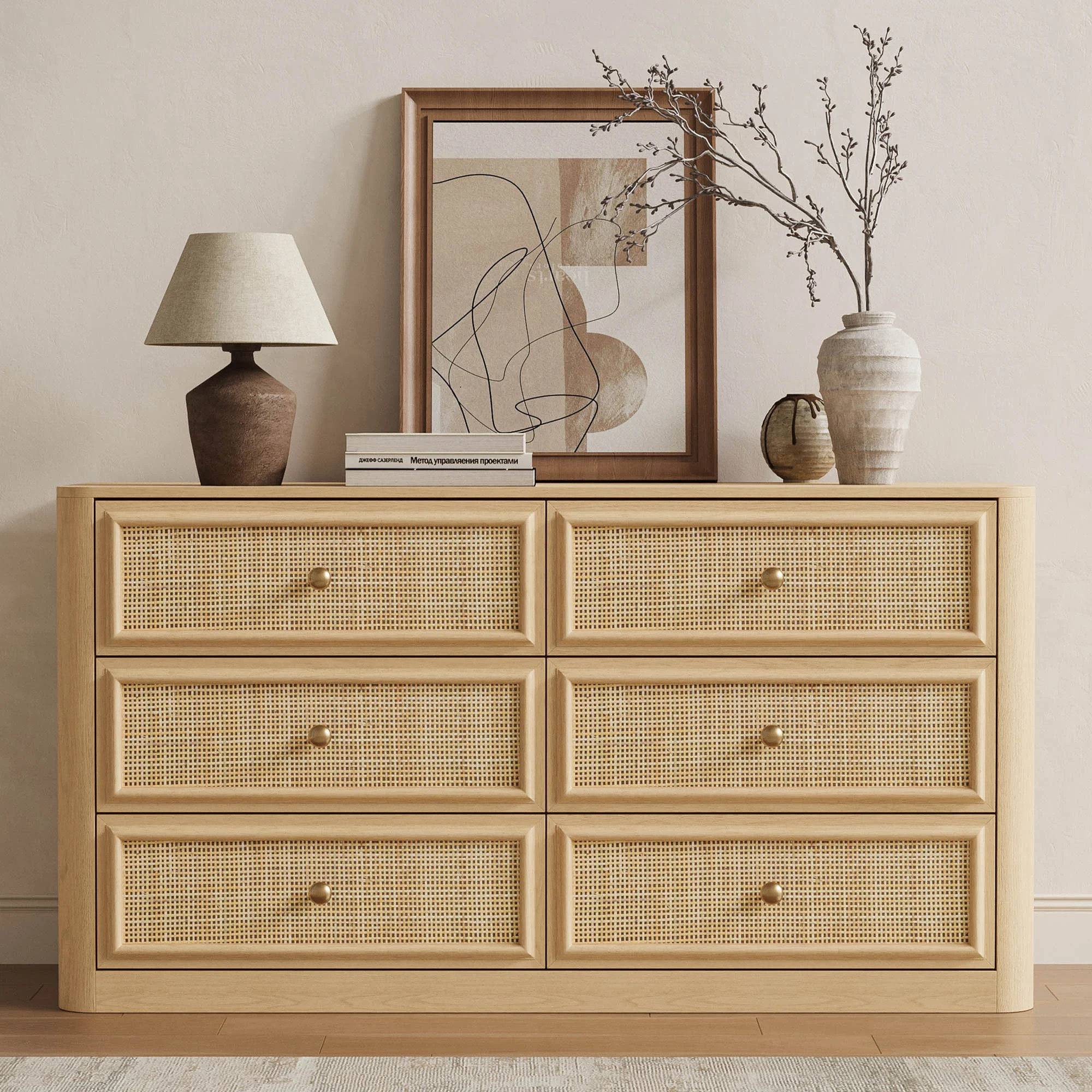 55" Rattan 6-Drawer Dresser, Boho Wood Storage Chest with Woven Drawer Fronts | Wayfair North America
