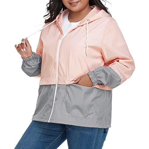 American Trends Plus Size Windbreaker Jacket for Women Women Rain Coats Light Waterproof Outdoor Rain Jacket Hooded Packable Pink/Grey 5XL | Amazon (US)