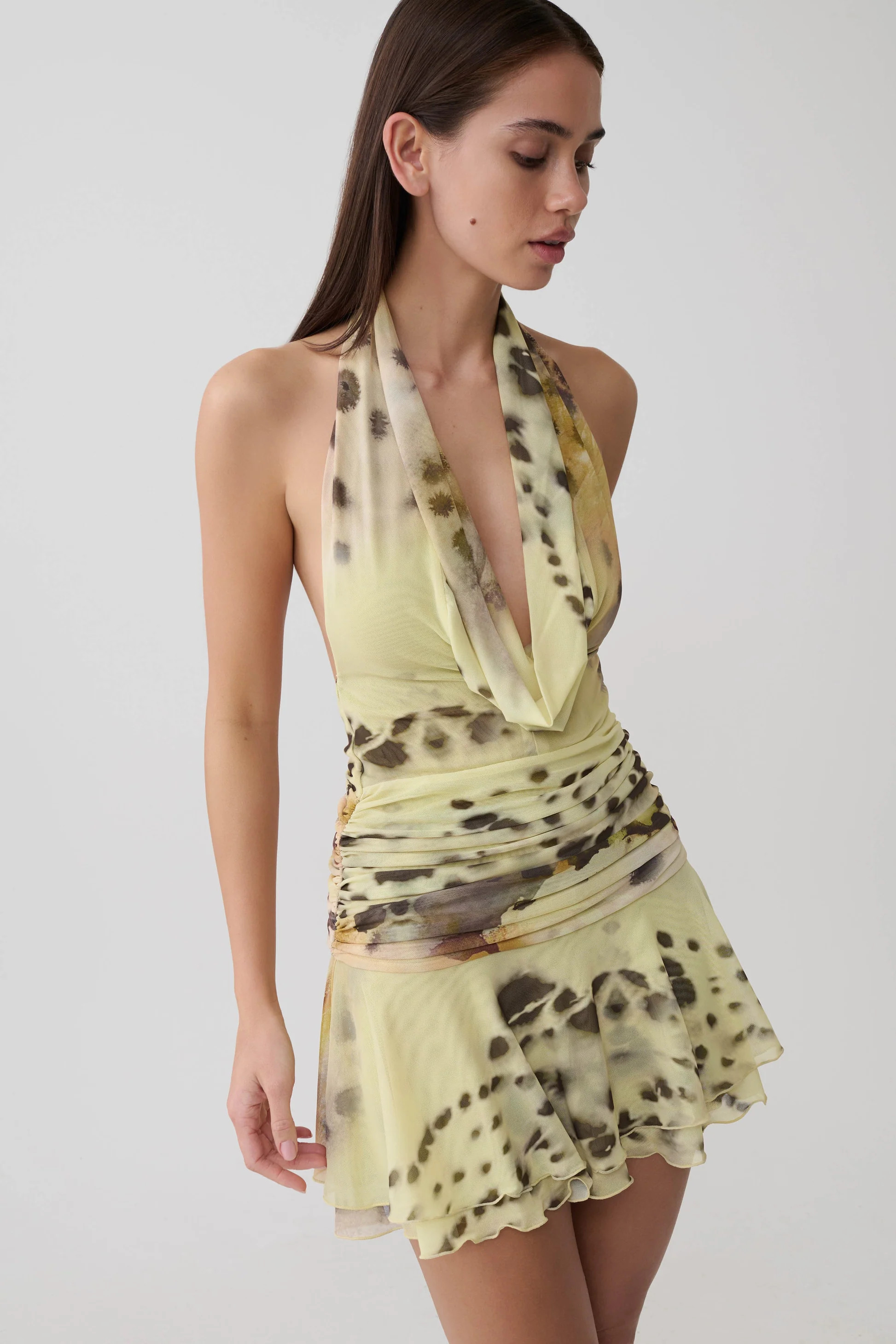 Adalee Mesh Halter Mini Dress - Yellow Floral Leopard Print | MESHKI US