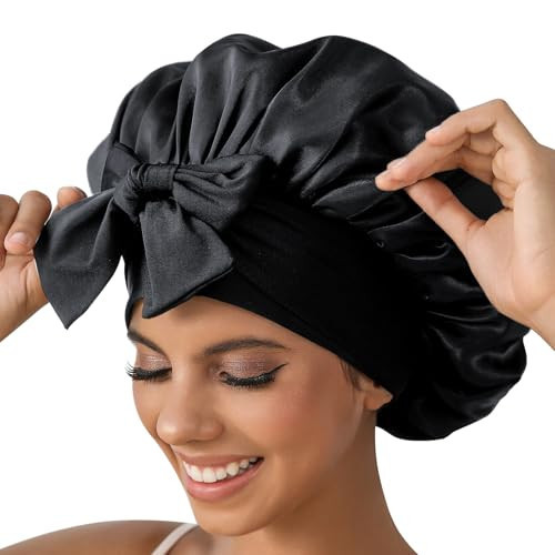 GDTOGRT Satin Silk Bonnet for Sleeping Women, Double Layer Sleep Hair Bonnets Caps for Curly Natural Hair with Tie Band - Black | Amazon (US)