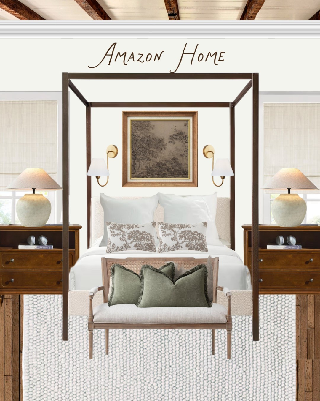 Can you believe this entire bedroom is from Amazon? The mix of classic woods, soft textures, and warm lighting gives off that designer feel—without the designer price. Perfect for fans of cozy traditional or French  style! 

amazon home, canopy bed, bedroom decor, traditional bedroom, grandmillennial style, toile pillows, neutral bedroom, amazon finds, nightstand decor, cozy bedroom, sage green pillows, ceramic lamp, wood furniture, cottage core, French country 

#LTKHome #LTKSaleAlert #LTKFindsUnder100