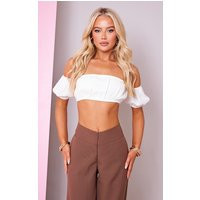 Cream Cotton Shirred Puff Sleeve Crop Top | PrettyLittleThing CAN
