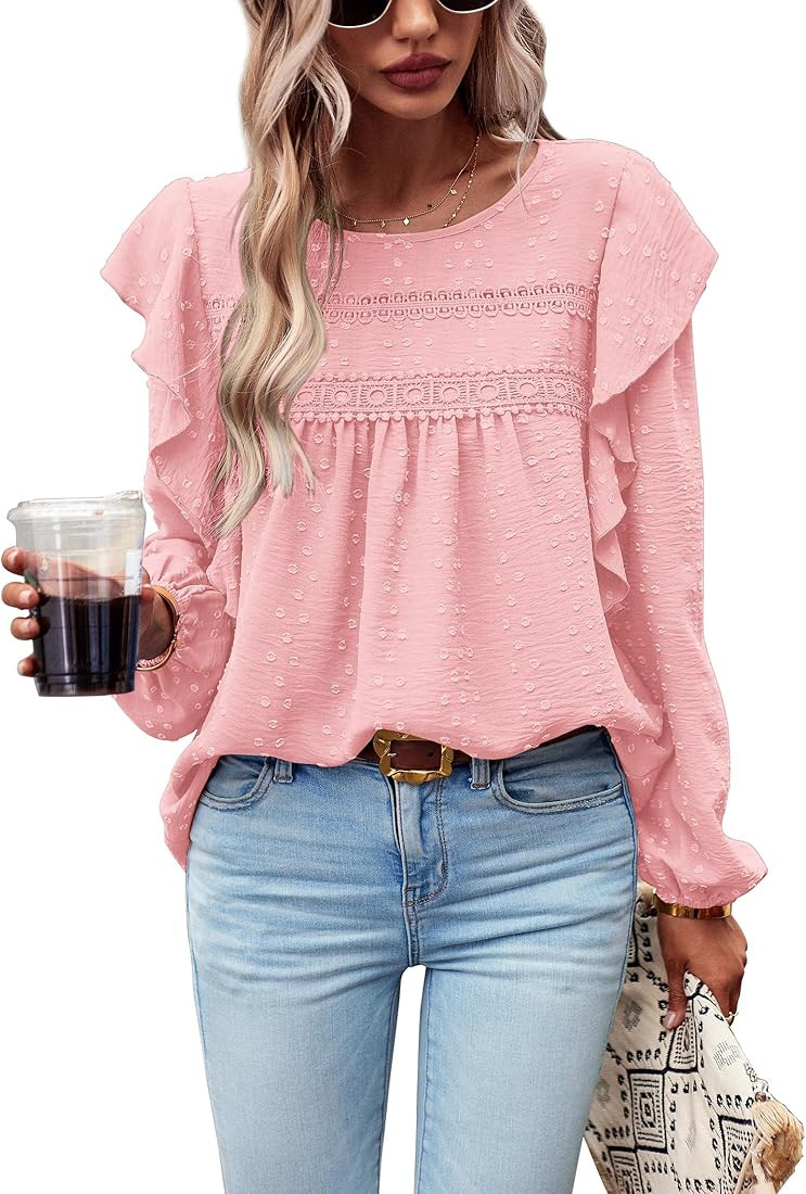 PRETTYGARDEN Women's Long Sleeve Blouses Ruffle Swiss Dot Crochet Loose Fit 2023 Fall Tunic Dress... | Amazon (US)