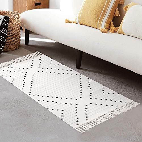 Uphome Boho Cotton Runner Rug Small Morrocan Hand-Woven Area Rug with Tassels, Black and White Ge... | Amazon (US)