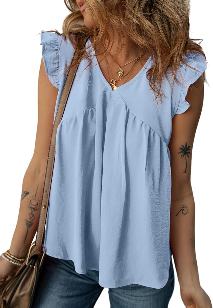 Dokotoo Womens Summer Tops Cute V Neck Ruffle Cap Sleeve Babydoll Blouses Shirts | Amazon (US)
