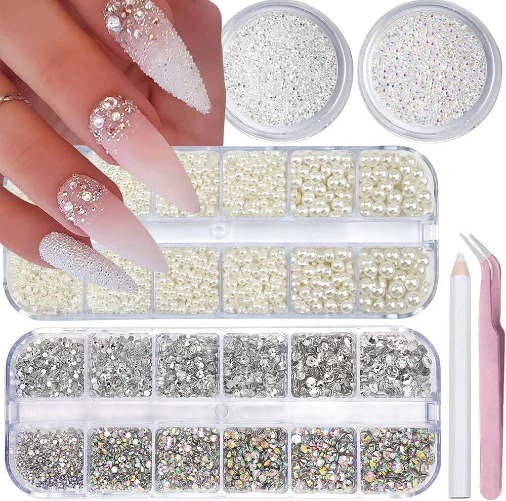 4 Boxes Flatback Rhinestones and Pearls Nail Charms for Acrylics - Crystals, Half Rounds, and Acc... | Amazon (US)