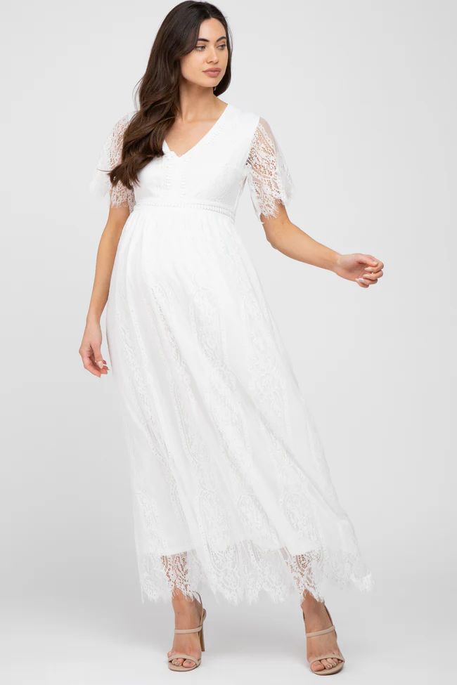 White Lace Short Sleeve Maternity Maxi Dress | PinkBlush Maternity