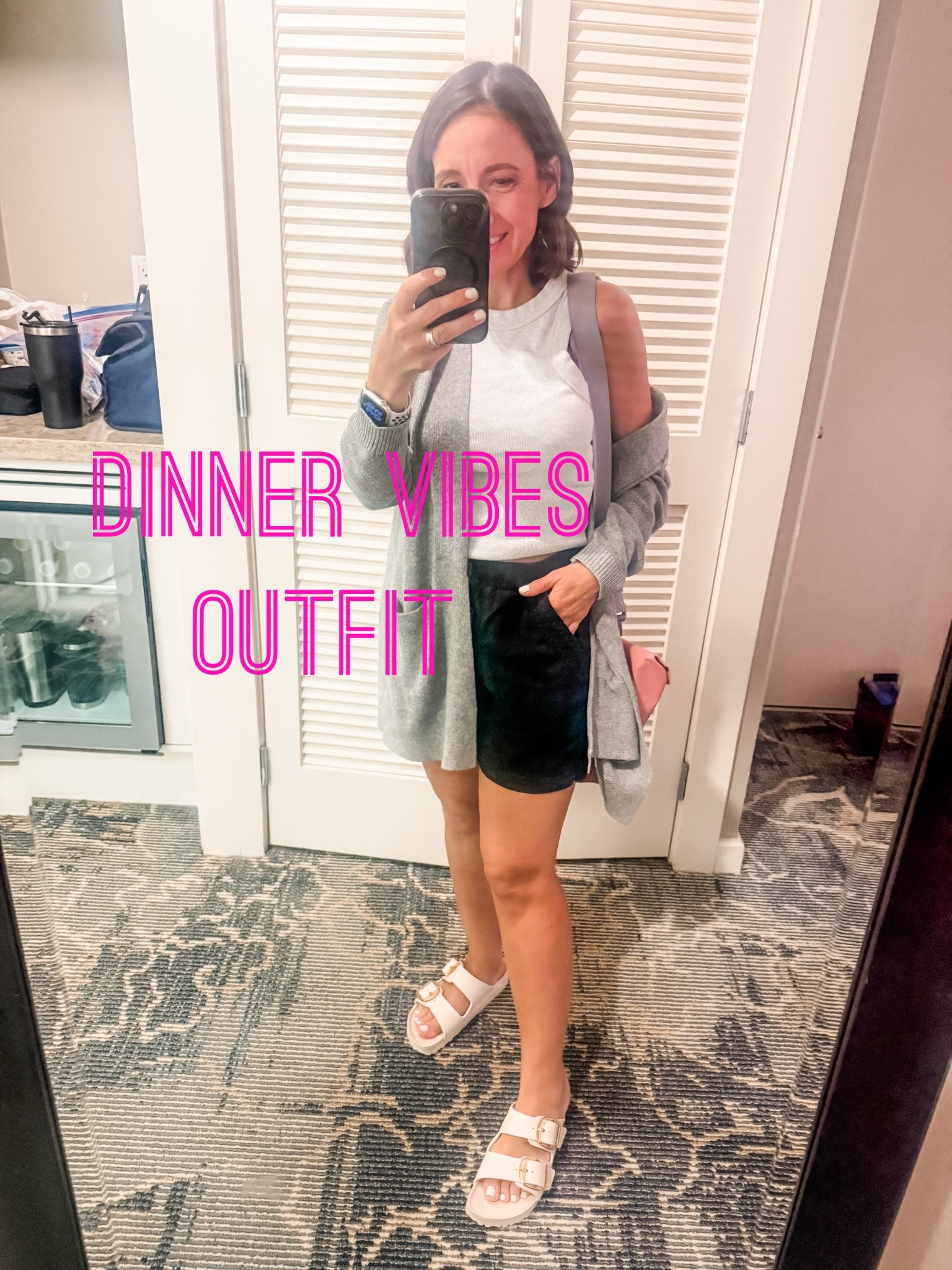 Dinner Out Outfit 
-Grey cardigan because I’m always cold at restaurants. 
-Grey tank top is really comfortable. -Go with your true size. I’m wearing a regular small. The petite small was too tight on the chest. 
-Birkenstocks. They are comfy and water resistant. 
-Black Linen shorts. 
Petite Style 
Petite Outfit

#LTKOver40 #LTKPetite #LTKSeasonal