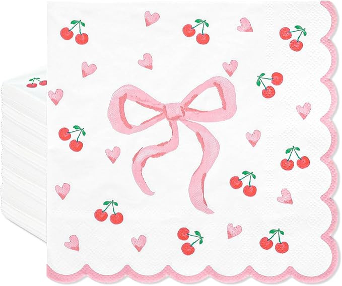 50Pcs Pink Bow Scalloped Napkin Bow Cherry Heart Paper Napkin Disposable Dinner Dessert Napkin fo... | Amazon (US)