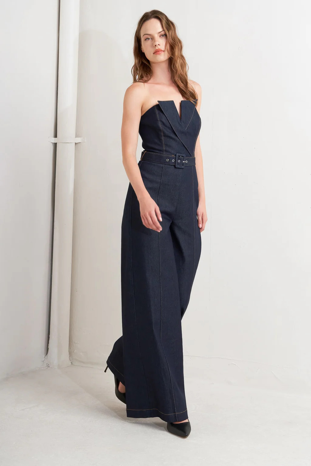 LE BONHEUR V CUT DENIM JUMPSUIT | Lady Black Tie