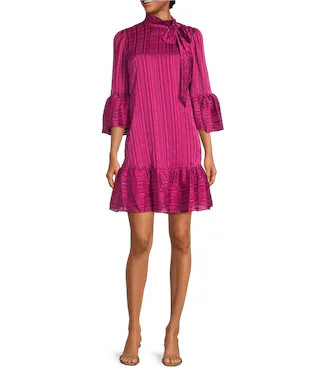 3/4 Bell Sleeve Mock Tie Neck Tiered Skirt Chiffon Shift Dress | Dillard's