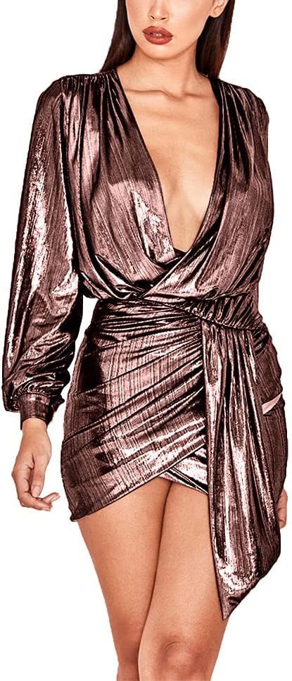Ophestin Womens Sexy Deep V Neck Metallic Glitter Ruched Long Sleeve Party Dress | Amazon (US)