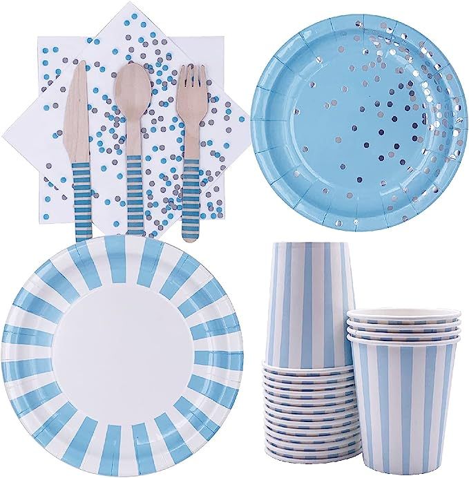 Blue Striped Birthday Party Supplies, Baby Shower Decorations Set, Paper Plates, Napkins, Cups an... | Amazon (US)