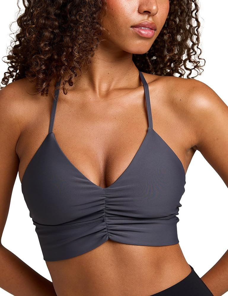 Women's Flow Scrunch Sports Bra V Neck Padded Yoga Tank Adjustable Straps Cross Back Crop Tops | Amazon (US)