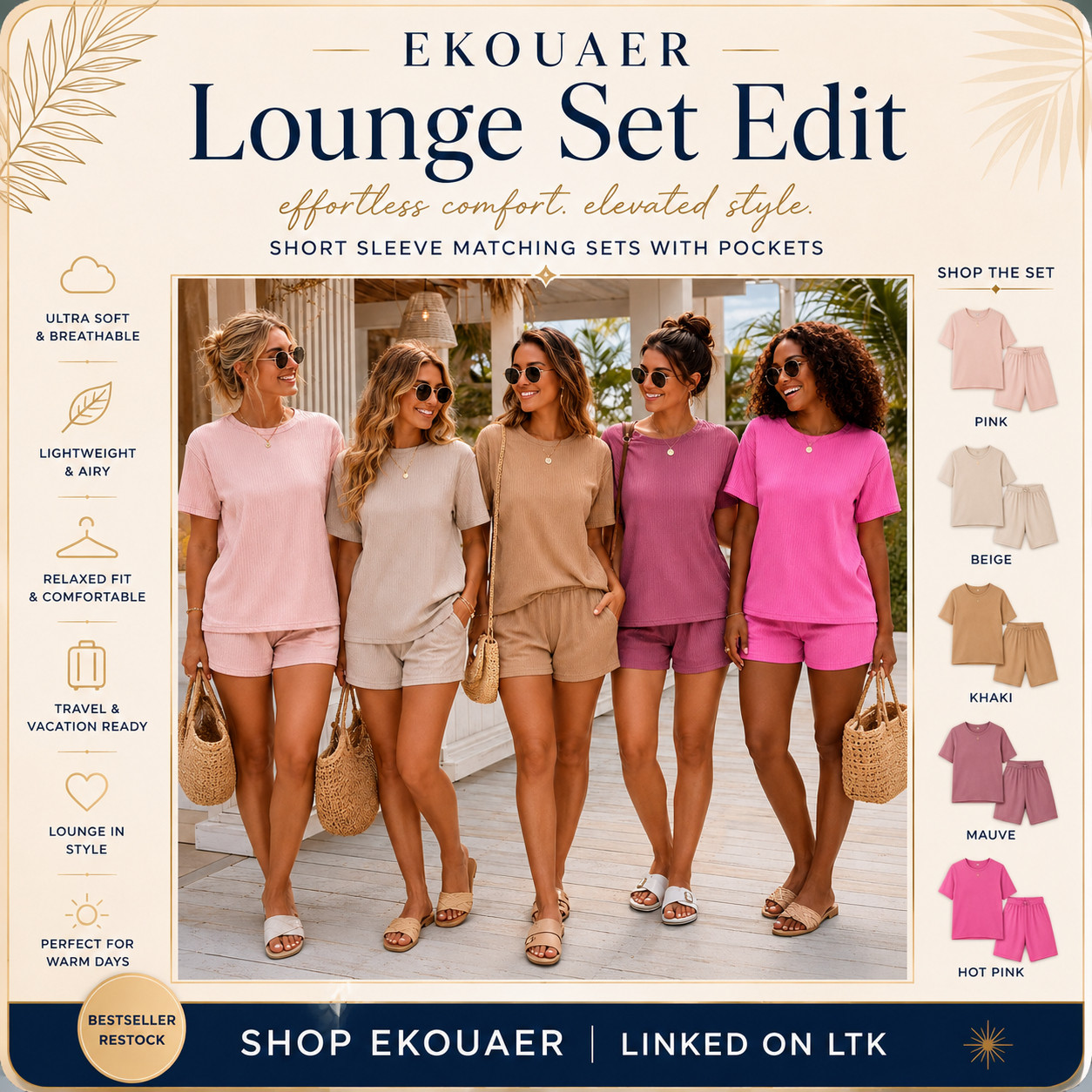 EKOUAER Summer Chic | Two Piece Short Sleeve Tee & Shorts Matching Loungewear Sets

Soft lounge sets that make summer outfits feel effortless, comfortable, and instantly put together ☀️ 

These Ekouaer short sleeve matching sets are such strong Amazon fashion finds if you want something easy, lightweight, and polished enough to wear beyond the house.

The relaxed tee, matching shorts, soft textured fabric, functional pockets, and breathable fit make them perfect for warm days when you want comfort without looking messy.

What I love about these is that they give “cute outfit, zero effort” energy!!

They’re perfect for travel days, airport outfits, beach mornings, coffee runs, casual errands, vacation packing, resort lounging, and everyday summer plans when you need something quick but still cute.

The color options make this edit extra easy to shop — pink feels feminine, beige feels clean, khaki feels neutral, mauve feels soft, and hot pink gives that fun summer statement.

Pair them with slides, white sneakers, raffia bags, sunglasses, gold jewelry, or a beach tote for that relaxed-but-styled summer look.

This is the kind of set that closes because it solves the outfit problem fast: matching, comfy, breathable, pocket-friendly, packable, and easy to wear on repeat.

I did the digging for you — if you want an Amazon lounge set that feels soft, flattering, travel-ready, and actually useful for summer, these Ekouaer sets are the ones I’d check before the bestseller restock starts moving again.

📌 SAVE this for airport outfits, vacation packing, and easy summer lounge sets.

↓ Everything is linked!

#LTKActive #LTKSaleAlert #LTKTravel