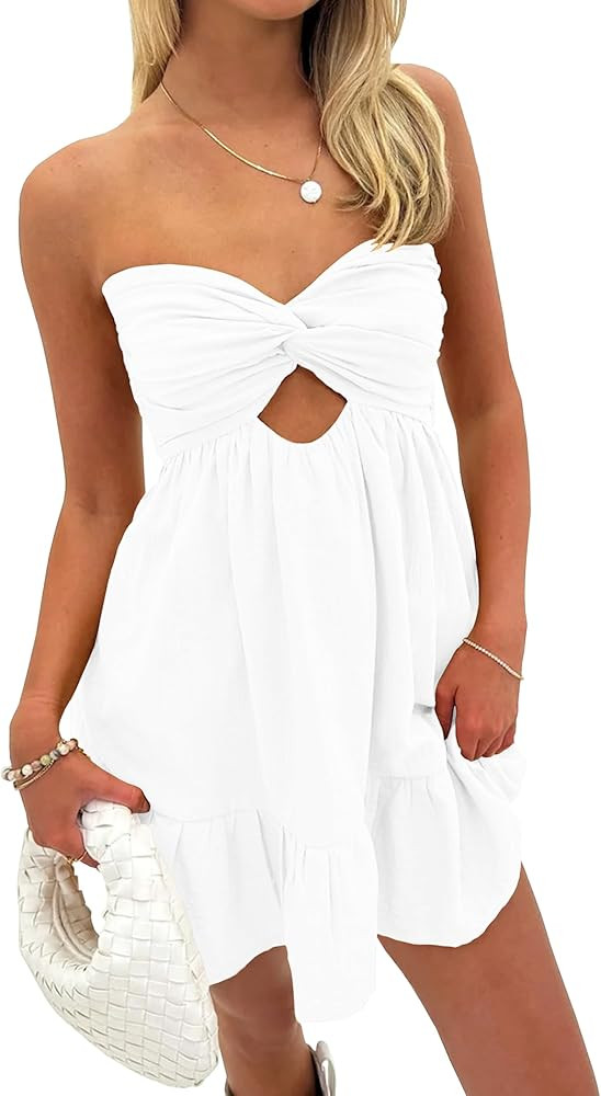 Cantonwalker White Strapless Mini Dress Elasticated Waistband Twist Flowy Mini Dress for Summer 0... | Amazon (US)