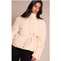 Petite Cream High Neck Tie Waist Quilted Jacket | PrettyLittleThing US
