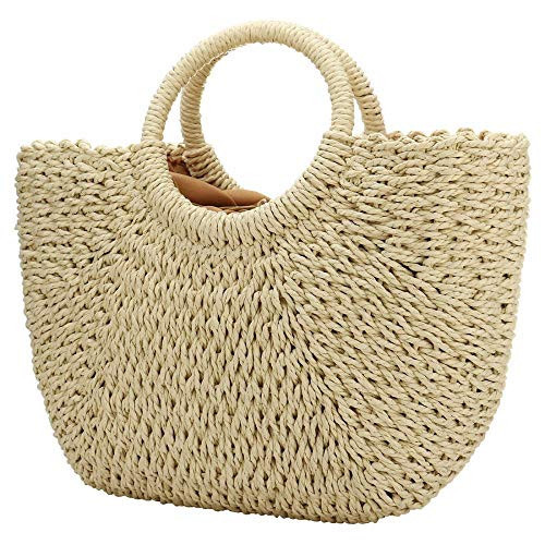 Women Summer Beach Bag, Straw Handbag Top Handle Big Capacity Travel Tote Purse Hand Woven Straw Large Hobo Bag (Beige) | Amazon (US)