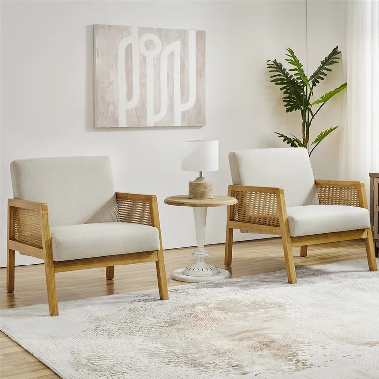 Renwick Upholstered Accent Chair with Rattan Sides for Living Rooms,Beige | Walmart (US)