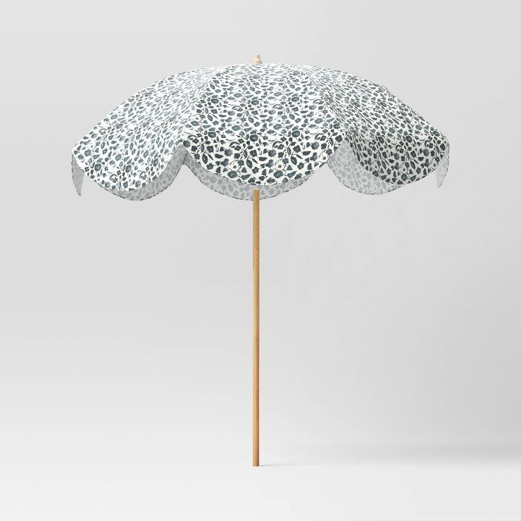 7.5'x7.5' Scalloped Floral Patio Market Umbrella Black/White - Light Wood Pole - Threshold™ | Target