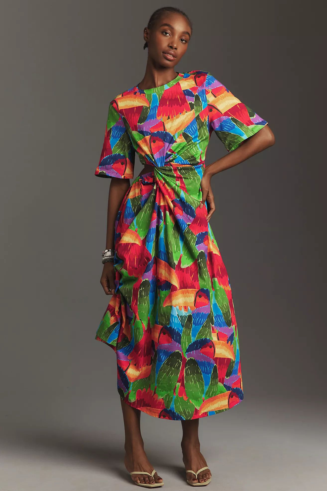 Farm Rio Short-Sleeve Cutout Midi Dress | Anthropologie (US)