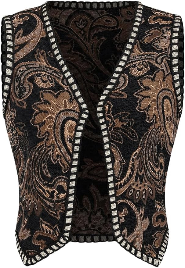 Verdusa Women's Western Boho Open Front V Neck Sleeveless Jacquard Tops Cow Girl Boho Vest Jacket | Amazon (US)