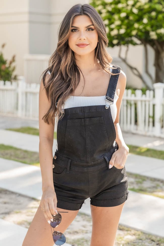 Flower Picking Black Denim Overall Shorts | Pink Lily
