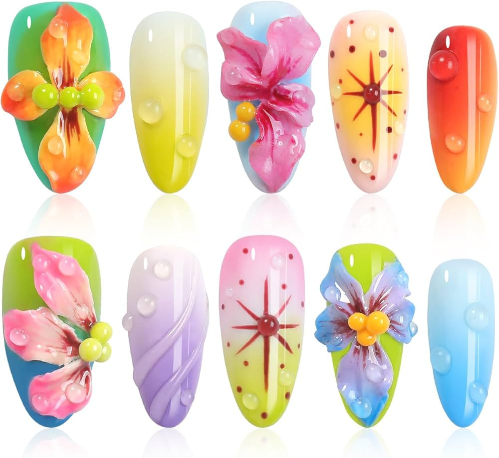 Handmade Press On Nails Almond, French Tips with 3D Flowers Water Droplets Design Short Fake Nail... | Amazon (US)