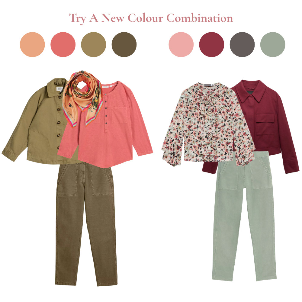 Try a new spring colour combination using a print. Here coral and green, or pink, burgundy and dusck egg. 

 #LTKspring #LTKover50style #LTKstyletip