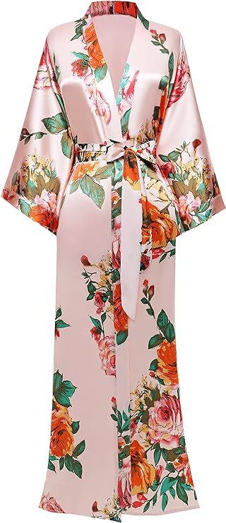 BABEYOND Kimono Robe Long Satin Floral Bridesmaid Wedding Bachelorette Party Robe | Amazon (US)