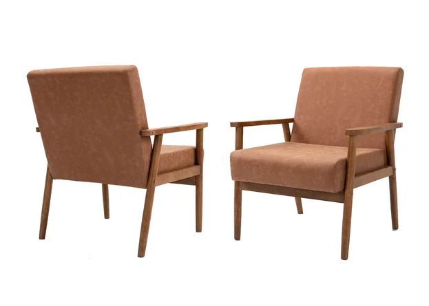 George Oliver Wood Leather Armchair Set Of 2 - Brown Leather | Wayfair North America