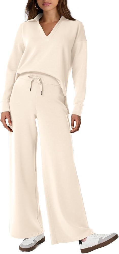 Glamaker Women's 2 Piece Sets Outfits Casual Long Sleeve Sweatsuits Polo Top and Wide Leg Pants M... | Amazon (US)