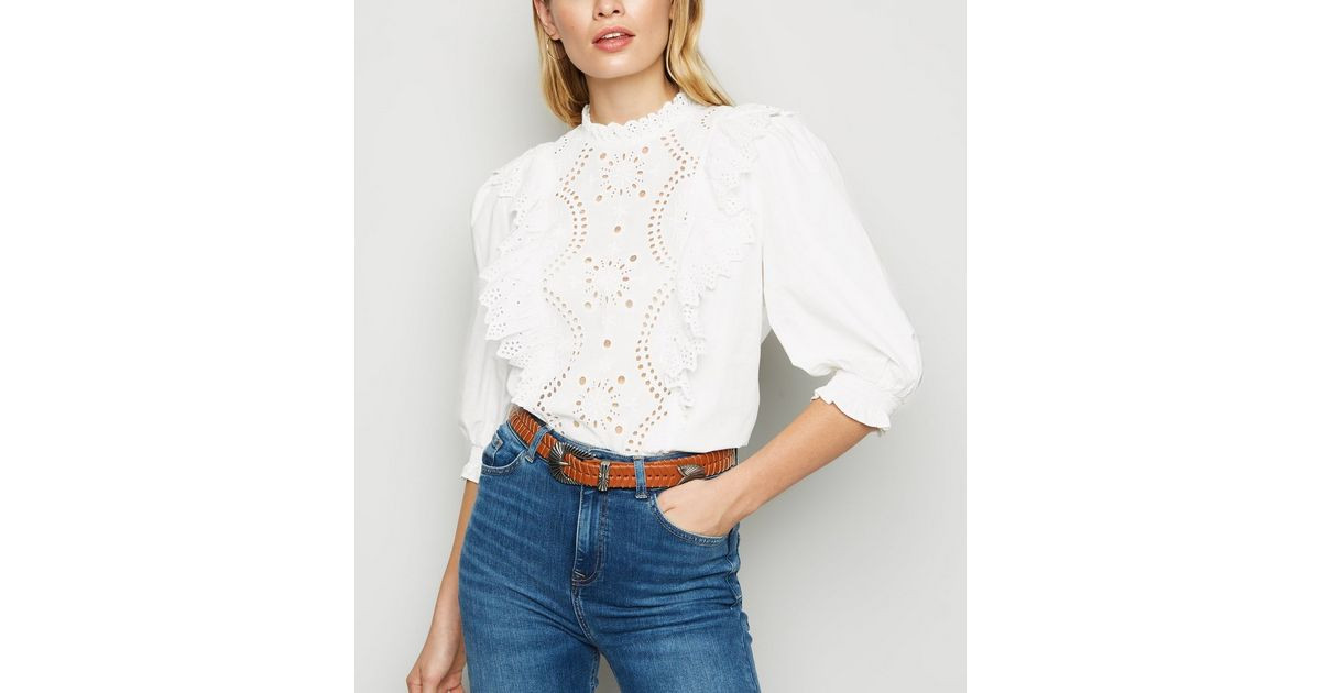 Off White Broderie Frill Trim Puff Sleeve Blouse
						
						Add to Saved Items
						Remove fro... | New Look (UK)
