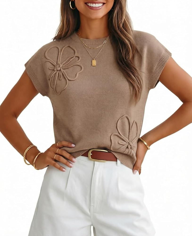 Women's Floral Knit Sweater Short Sleeve 2026 Crewneck Pullover Summer Top Trendy Casual Fall Out... | Amazon (US)