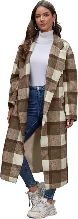 Women's Oversized Plaid Wool Coat Casual Lapel Collar Double Breasted Winter Long Pea Coat with P... | Amazon (US)