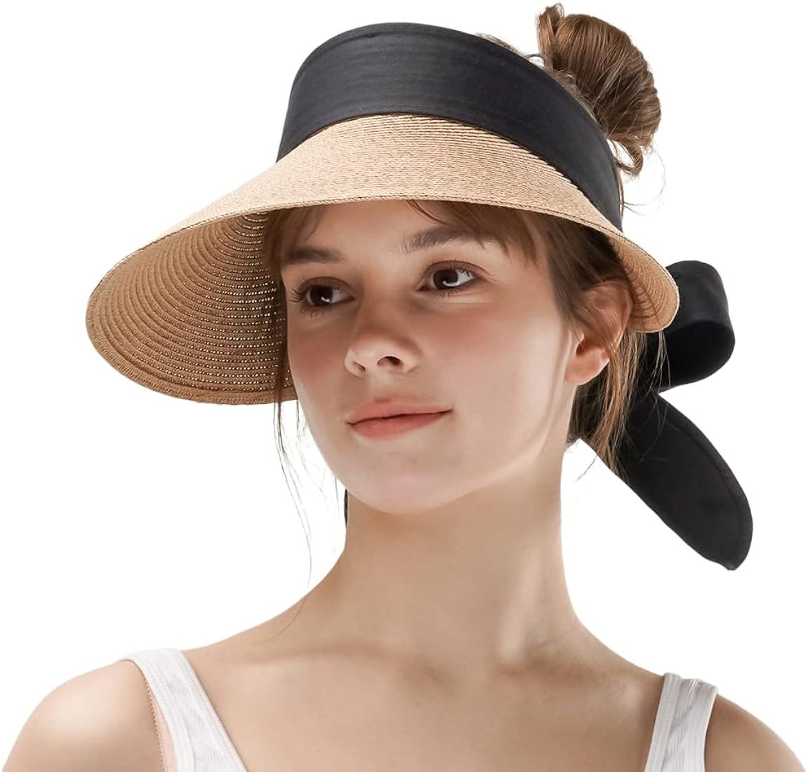 Naforet Womens Sun Hat Sun Visor Tie Back Straw Wide Brim Roll-up Sun Hat Adjustable Packable, De... | Amazon (US)