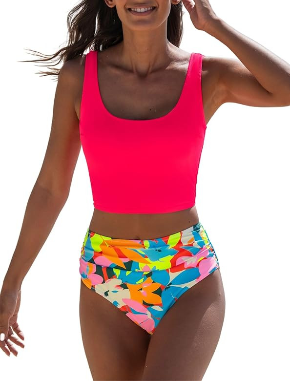 popvil Tankini Swimsuits for Women Tummy Control Bathing Suits Crop Swim Top with High Waisted Bo... | Amazon (US)