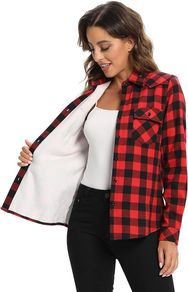 OCHENTA Women's Flannel Shirts Plaid Shacket, Long Sleeve Fleece Lined Shirt Jacket Winter Tops | Amazon (US)