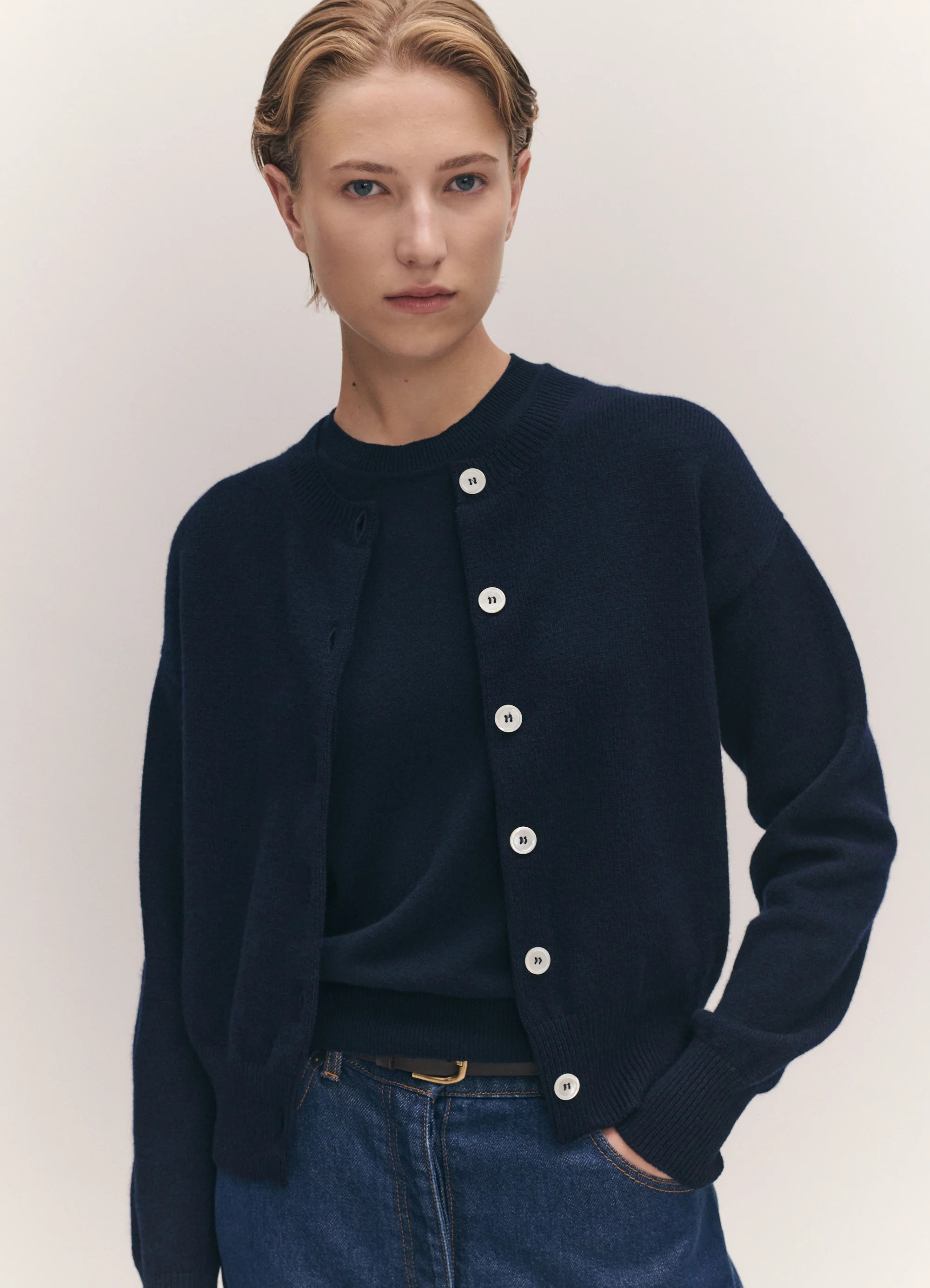 Ada Crewneck Cardigan in Navy | & Daughter (Global)