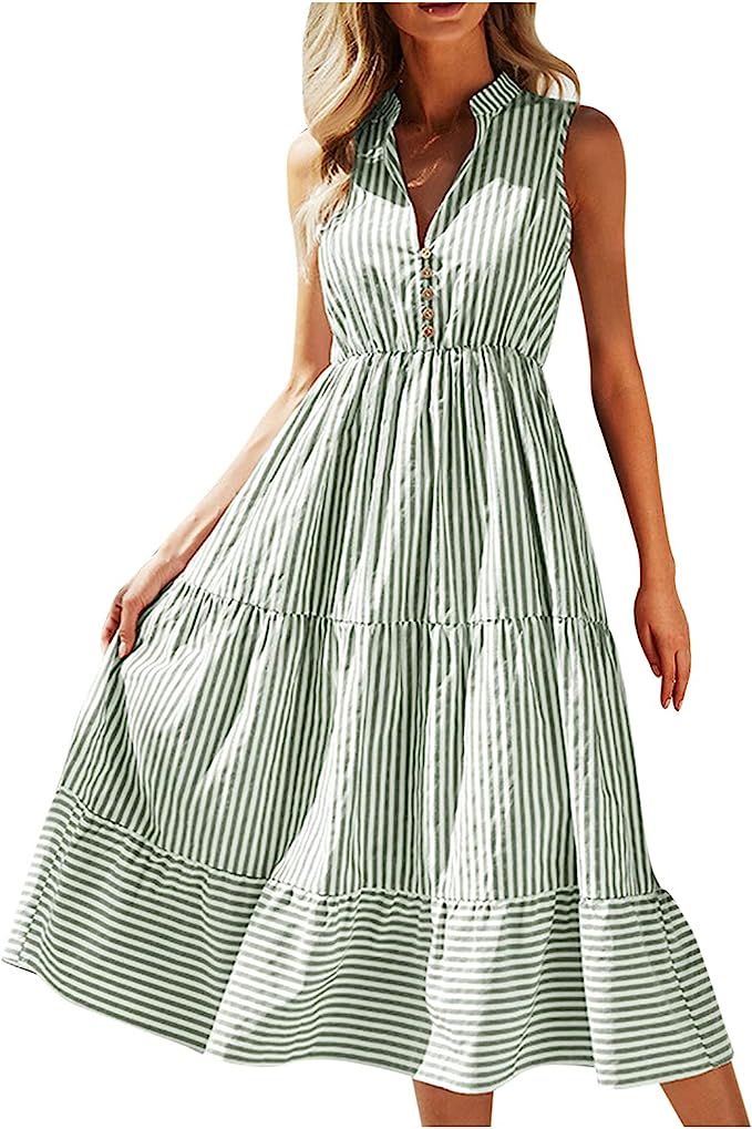 Casual Dresses for Teens Womens Collar Dress V Neck Casual Striped Summer Flowy Midi Sleeveless W... | Amazon (UK)