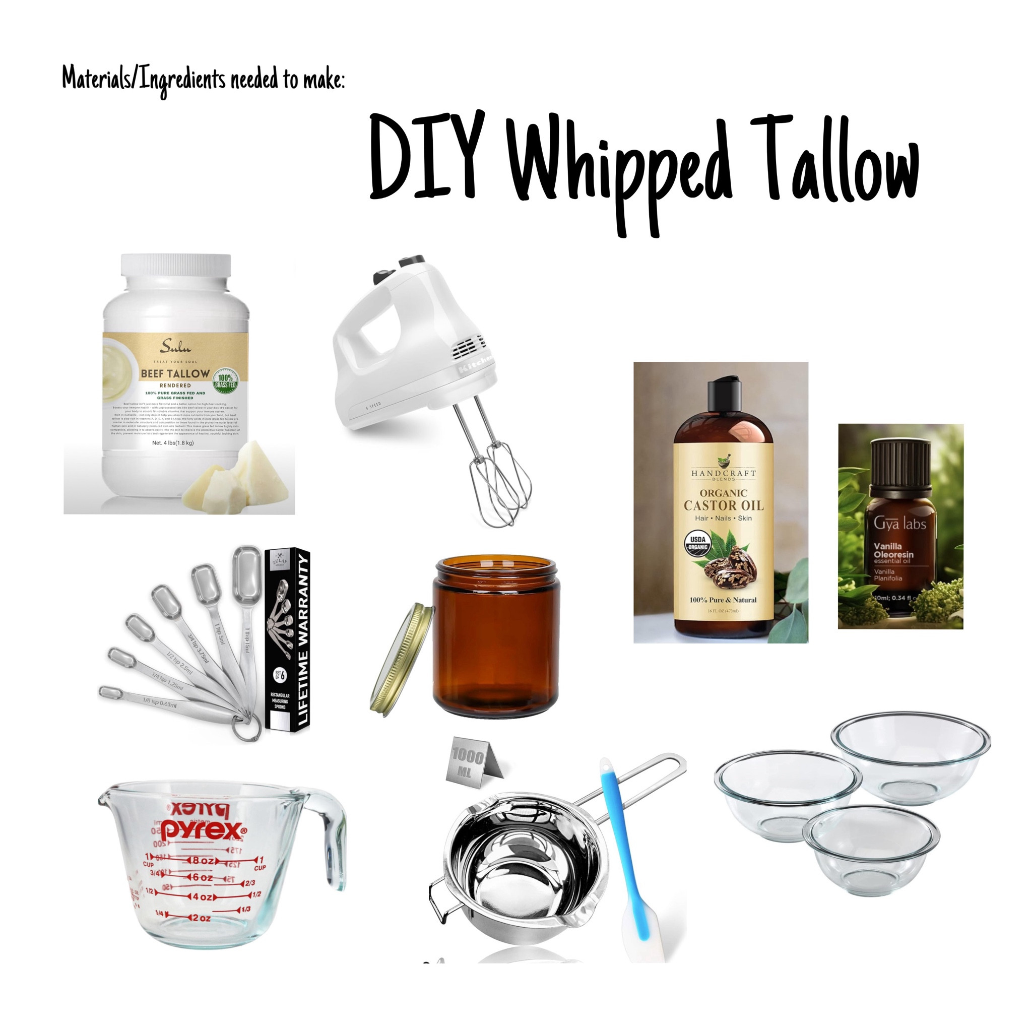 DIY Whipped Tallow materials & ingredients needed to make it yourself! 
I just made so many jars of it for sooo much cheeper than buying them premade at $20-$40 a jar! 

Take 1 cup of tallow & melt it into the double boiler on low medium heat. Once melted, transfer to a glass bowl. Add in 2-4 tbsp of a carrier oil, I used castor oil. (castor oil, sweet almond oil, jojoba oil, whatever oil you want to use but all these are an example of a carrier oil) Then add in 10drops of your skin safe essential oils. You can either let sit on the counter or put into the fridge for it solidify back together. Once in solid form, then we’re going to whip it with the hand mixer! I used a silicone spatula to scrape down the sides of the bowl & whipped it 3x, upping the speed each time. Then just transfer to your jar & you have whipped tallow!! 

#whippedtallow #diylotion #homemade #lotion #organic 

#LTKHome #LTKFamily #LTKFindsUnder50