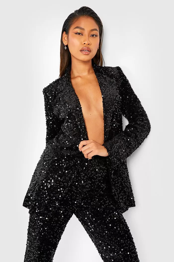 Velvet Sequin Plunge Front Blazer | Boohoo.com (UK & IE)