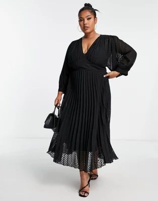 ASOS DESIGN Curve pleated batwing midi dress in chevron texture in black | ASOS (Global)