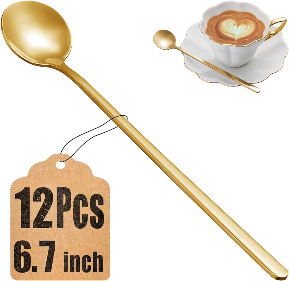 12 Pcs Coffee Spoons Set, 6.7" Gold Tea Spoons Long Handle, Stirring Spoons, Gold Small Teaspoons... | Amazon (US)